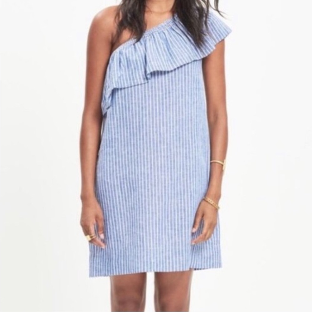Madewell Blue Striped One-Shoulder Dress